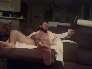 Dad finally Jerks Off after stressful day; smokes and strokes cock in his robe