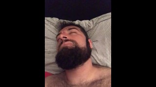 Large Hairy Bearded Bear Woke Up Wanking And Horny In Bed Making An Orgasmic Face