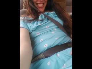 blue dress, solo female, car ride, flashing