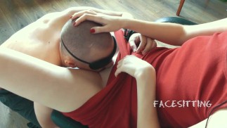 Chained slave licks pussy on the orders of mistress, russian femdom cunnilingus, female domination