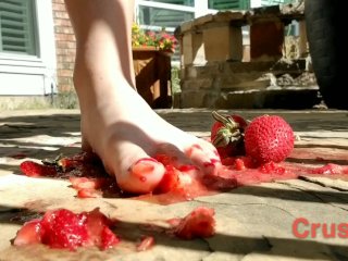 Sexy half Asian girl tramples fruit with her feet