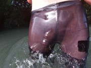 Preview 5 of Jerking off in a public river untill I drop a massive cumshot in my see thru leggings