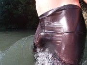 Preview 6 of Jerking off in a public river untill I drop a massive cumshot in my see thru leggings