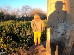 Drinking pee in public, risky through the streets of the city, countryside and gardens! 4k 60fr REAL