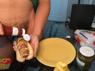 dick hotdog bun, solo male, food porn, tutorial