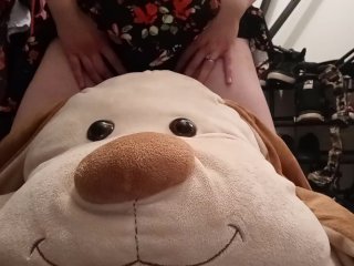 big boobs, brunette, solo female, stuffed animal