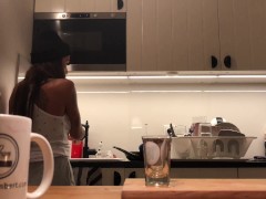 Braless Brunette Hot Tight Pussy No Panties in the Kitchen finishes the Dishes