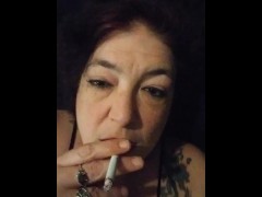 Sexy Slut Pierced Kitty in Fishnet Pantyhose Smokes in Bed