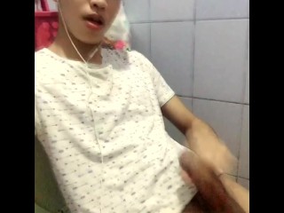 Young Asian Inked Boy Jerking off and Cumming inside the Toilet