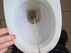 Peeing in the toilet, pissing my palm, fingers and some jeans ... Warm trickle ...