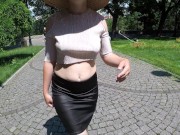 Preview 5 of Public flashing No Bra Boobs on sidewalk and piss standing in a skirt - SUPER HOT BRALESS