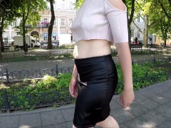Video Public flashing No Bra Boobs on sidewalk and piss standing in a skirt - SUPER HOT BRALESS