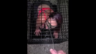 MILF caged and pissed on by Master and she thanks Him for golden shower