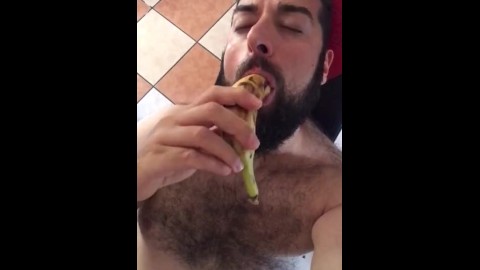 Big hairy bear horny after workout blows a banana and touching nipples