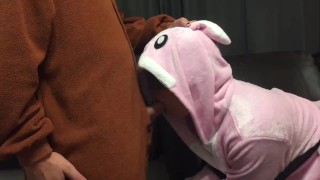 Bunny onesie gagging on cock tied up on couch