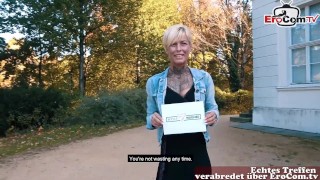Tattooed German Milf with short blond hair and blue eyes picked up in the park
