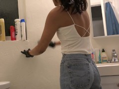 Indian Bhabhi enjoys scrubbing bathroom clean