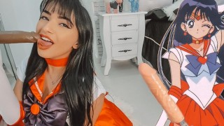 Creampie Cosplay Girl Doing An ASMR Sailor Mars Blowjob And Making Two Guys Cum In My Mouth