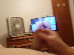 Fat guy jerks off to porn till he has a nice wet cum