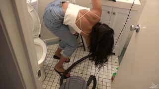 Vacuuming The Bathroom In A Crop Top And Jeans By A Bombshell Desi Girl