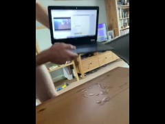 Cumshot on dining room table after Chaturbate show. Big dick straight guy, married, cumming wanking