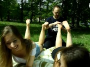 Preview 3 of Two barefoot girls in park having their feet worshiped by a stranger (foot worship, public feet)