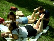 Preview 5 of Two barefoot girls in park having their feet worshiped by a stranger (foot worship, public feet)