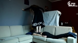 Light trampling on her submissive boyfriend (foot crushing, foot worship, sexy feet, czech soles)