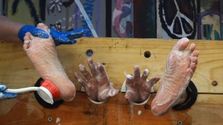 Damien’s soapy scrubbed tickled feet and hands 