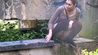 Desperate Brunette Needs To Piss Twice On Walk