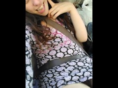 Public Car play Makes Me Excited! Hairy Pussy Thick Thighs Slut in Passenger Seat Flashes Upskirt 