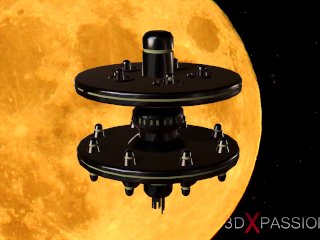 Sexy sci-fi female alien plays with a black girl in the space station