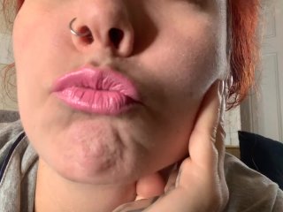 Putting on three shades of Shiny PINK LIPSTICK, Lip puckering and kissing