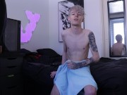 Preview 4 of Tattooed Boy with a rock hard cock shoots a load on his chest