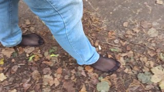 Risky walking in the forest barefoot with pantyhose, I also needed to pee!