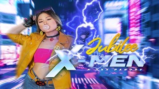 Joven asiática Beauty Lulu Chu como X-MEN JUBILEE mostrando sus superpoderes