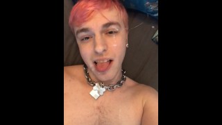 Pink haired twink covered in cum