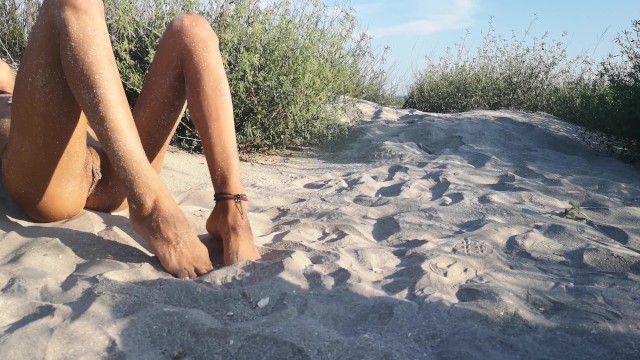 French Nudist Teen Hides at the Beach and Plays with her Tanned Skinny Body   