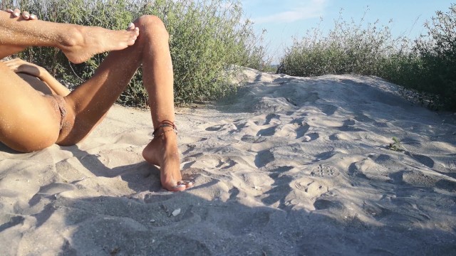 French Nudist Teen Hides at the Beach and Plays with her Tanned Skinny Body   