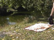 Preview 2 of Naked wife Milf masturbates by river in nature. Strong orgasm naked woman Hairy pussy blonde closeup