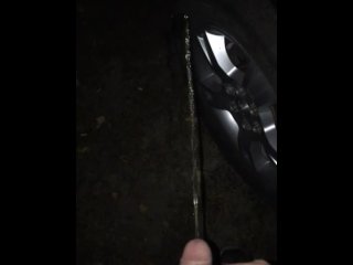 piss on vehicle, piss on wheel, vertical video, uncut cock
