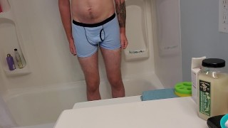 Desperate Young Man Boxer Pissing in Shower