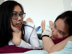Pillow fight between two sexy teen Asian foot girls (Asian feet