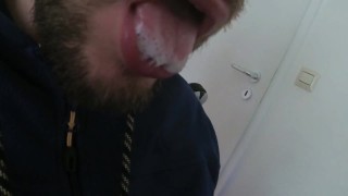 Closeup Mouth sucking up a lot of Precum and tastes before swallowing all of it :-P