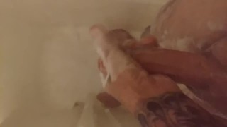 Stroked my big cock and cum twice in shower