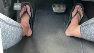 Adorable Feet Pedal Pumping While Driving In Flip-Flop Sandals