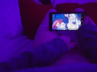 Redhead Girl masturbating watching lesbian Hentai uncensored when parents are in home