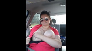 Playing with my big tits in the car
