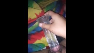 Girl masterbates with 10in clear dildo