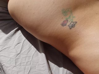 Sexy blonde flashing pussy, tits and ass on_balcony sunbathing naked